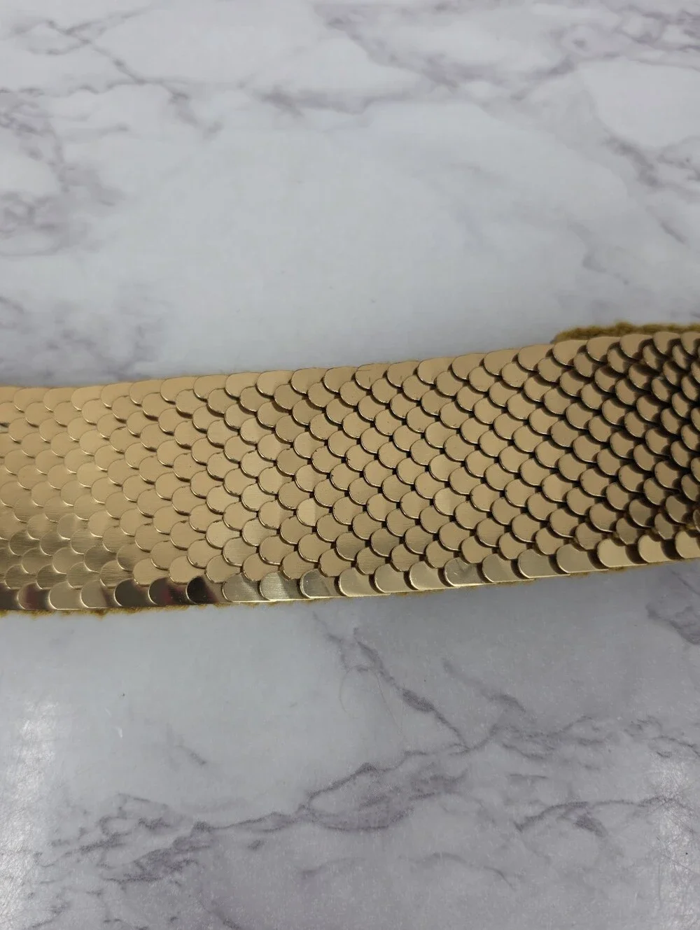Vintage 80s Gold Tone Articulated Fishscale Stretch Belt Two Tone Buckle